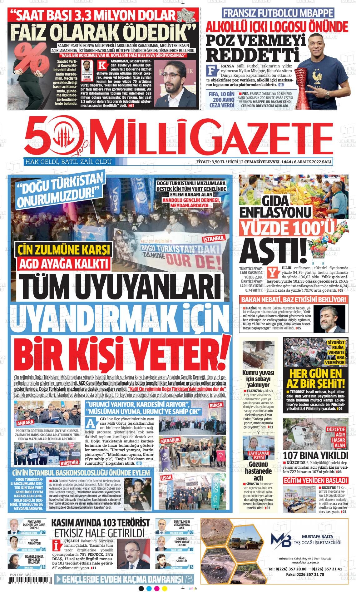 06 Aralık 2022 Milli Gazete Gazete Manşeti