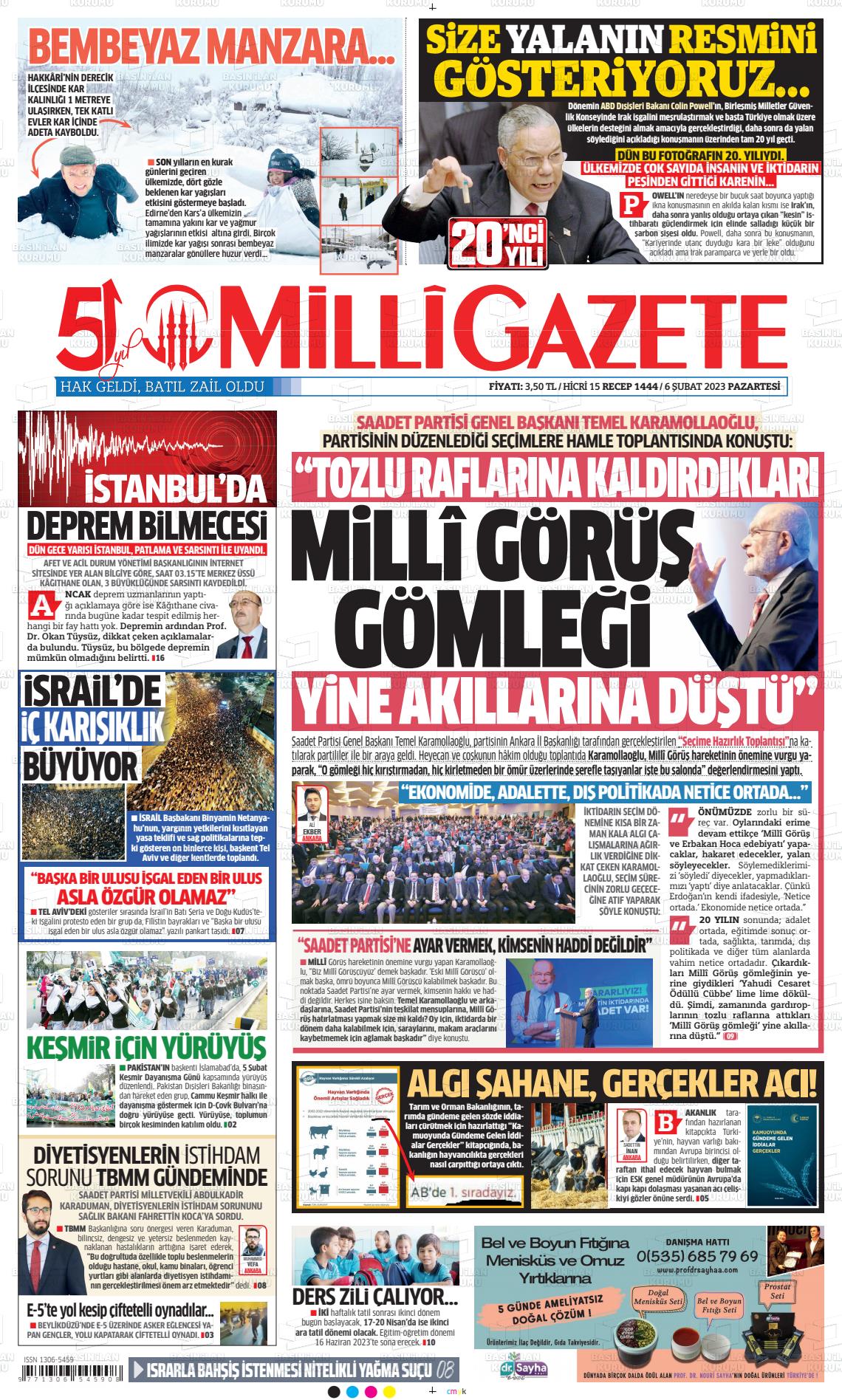 06 Şubat 2023 Milli Gazete Gazete Manşeti