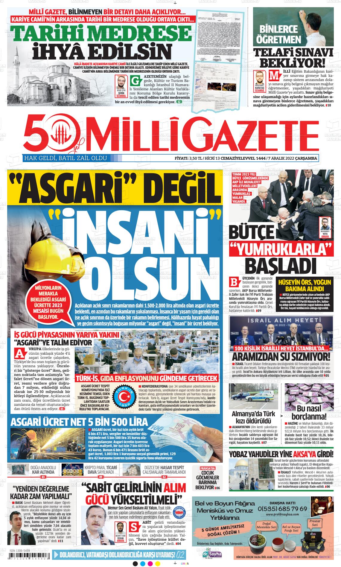 07 Aralık 2022 Milli Gazete Gazete Manşeti