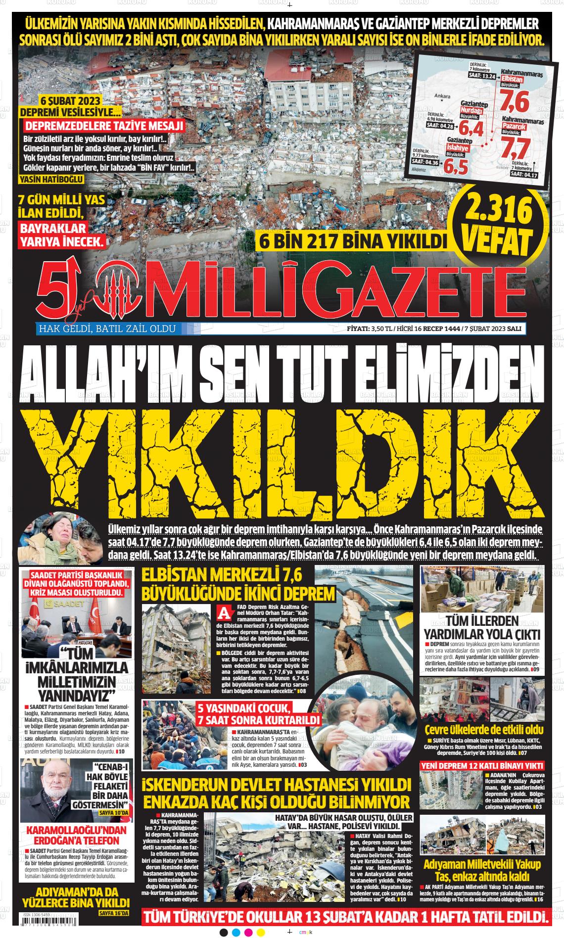 07 Şubat 2023 Milli Gazete Gazete Manşeti