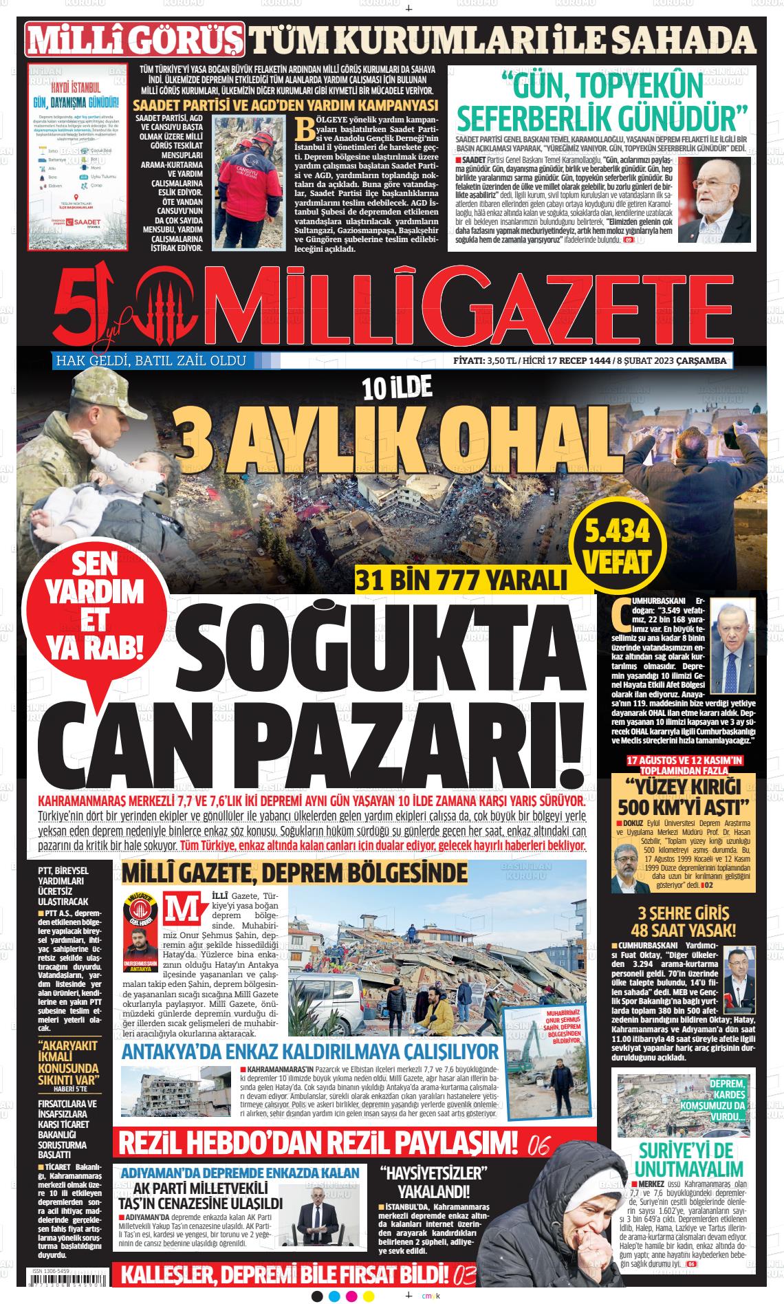 08 Şubat 2023 Milli Gazete Gazete Manşeti