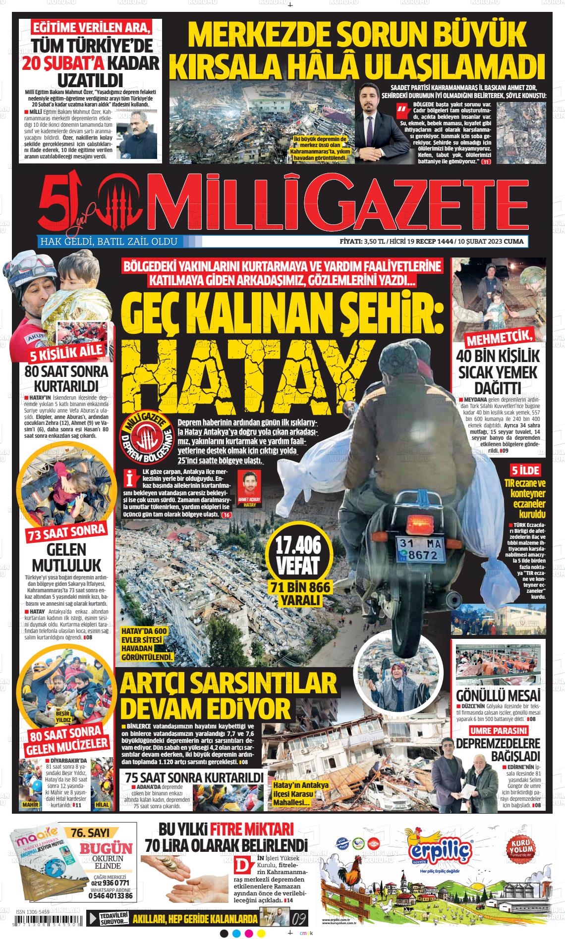 10 Şubat 2023 Milli Gazete Gazete Manşeti