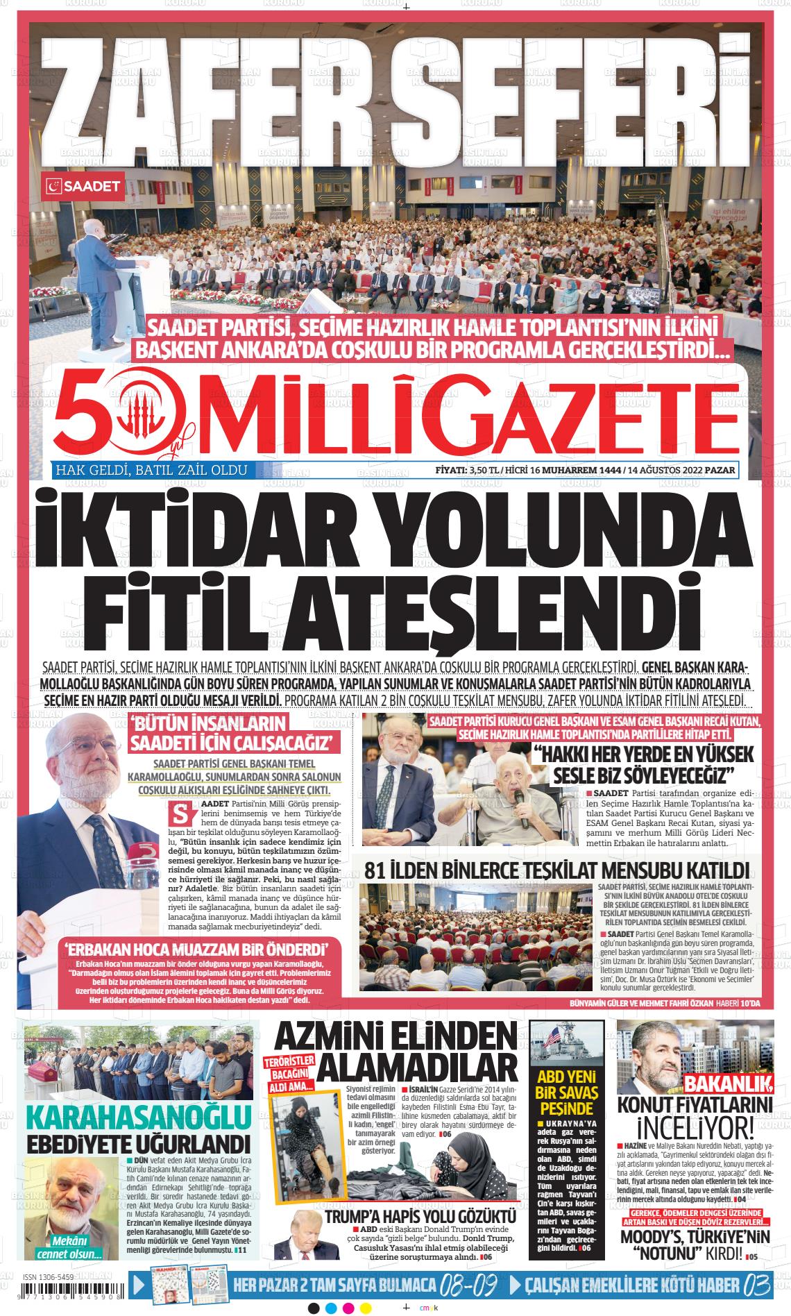 14 Ağustos 2022 Milli Gazete Gazete Manşeti