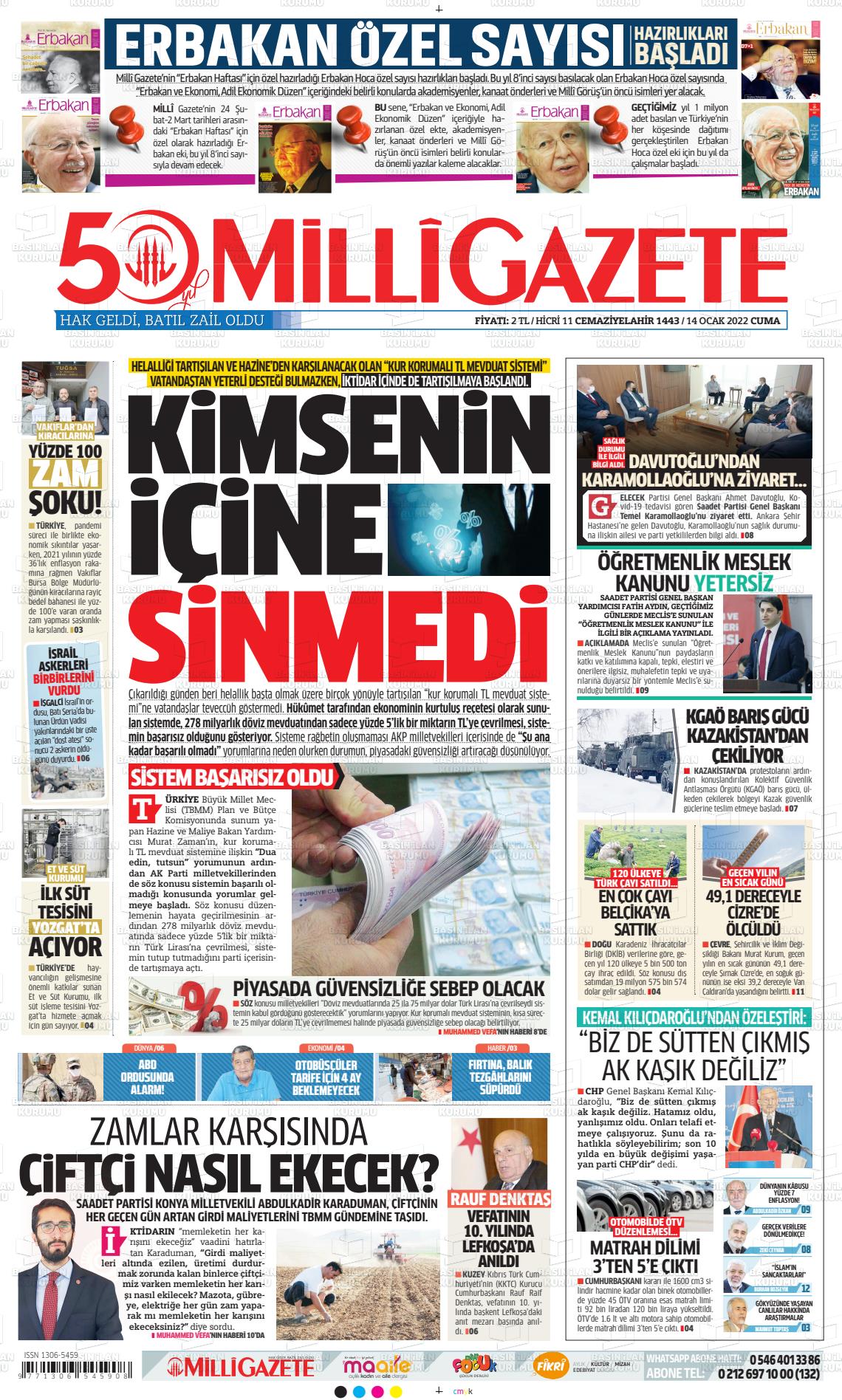 14 Ocak 2022 Milli Gazete Gazete Manşeti