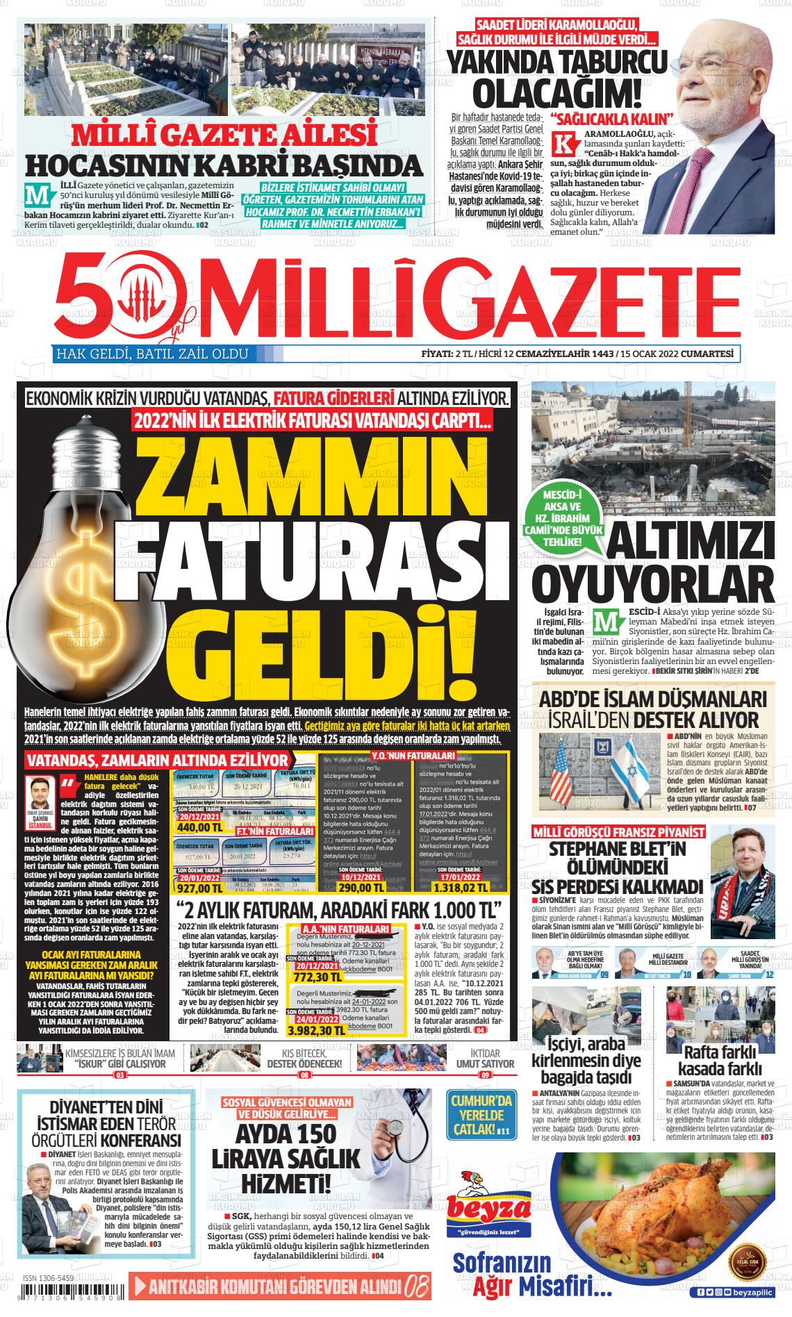 15 Ocak 2022 Milli Gazete Gazete Manşeti
