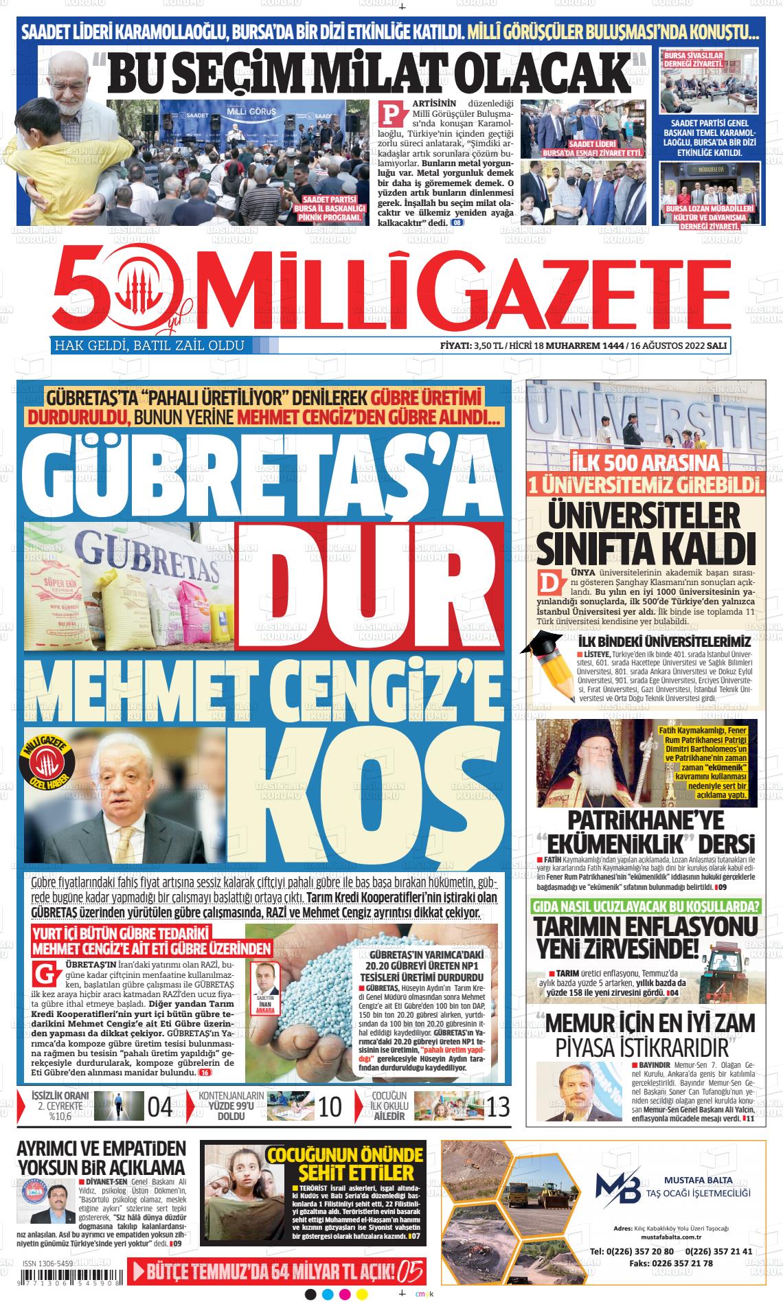 16 Ağustos 2022 Milli Gazete Gazete Manşeti