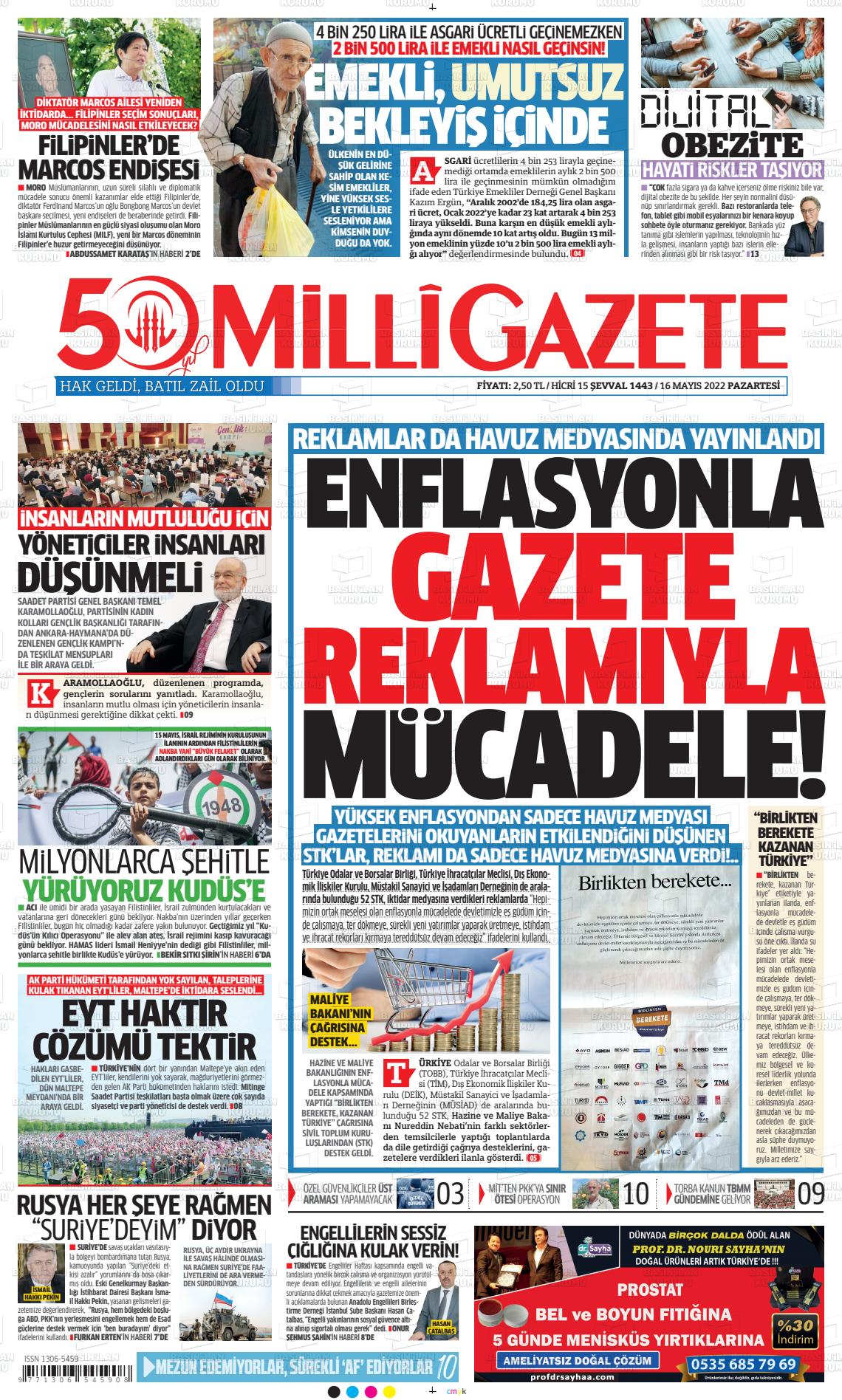 16 Mayıs 2022 Milli Gazete Gazete Manşeti