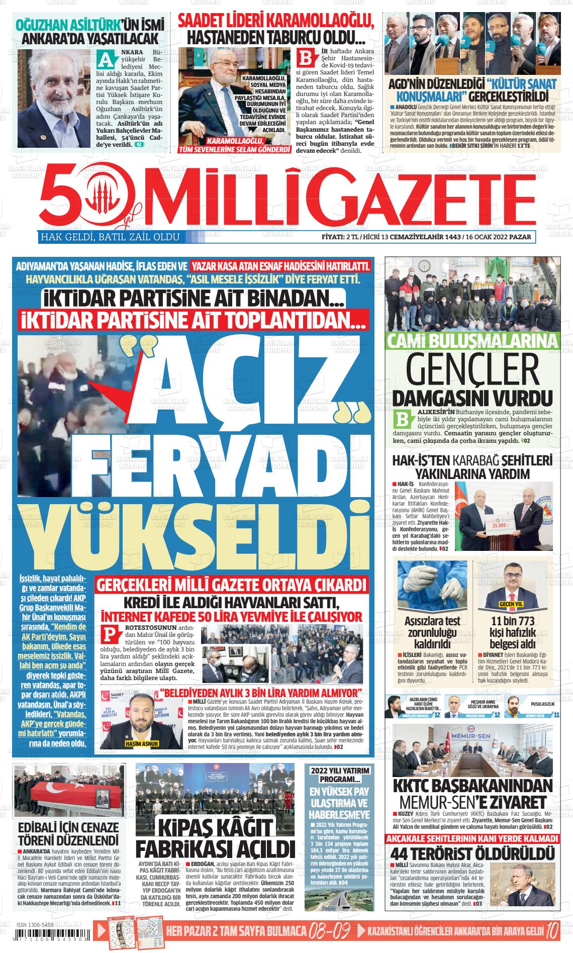 16 Ocak 2022 Milli Gazete Gazete Manşeti