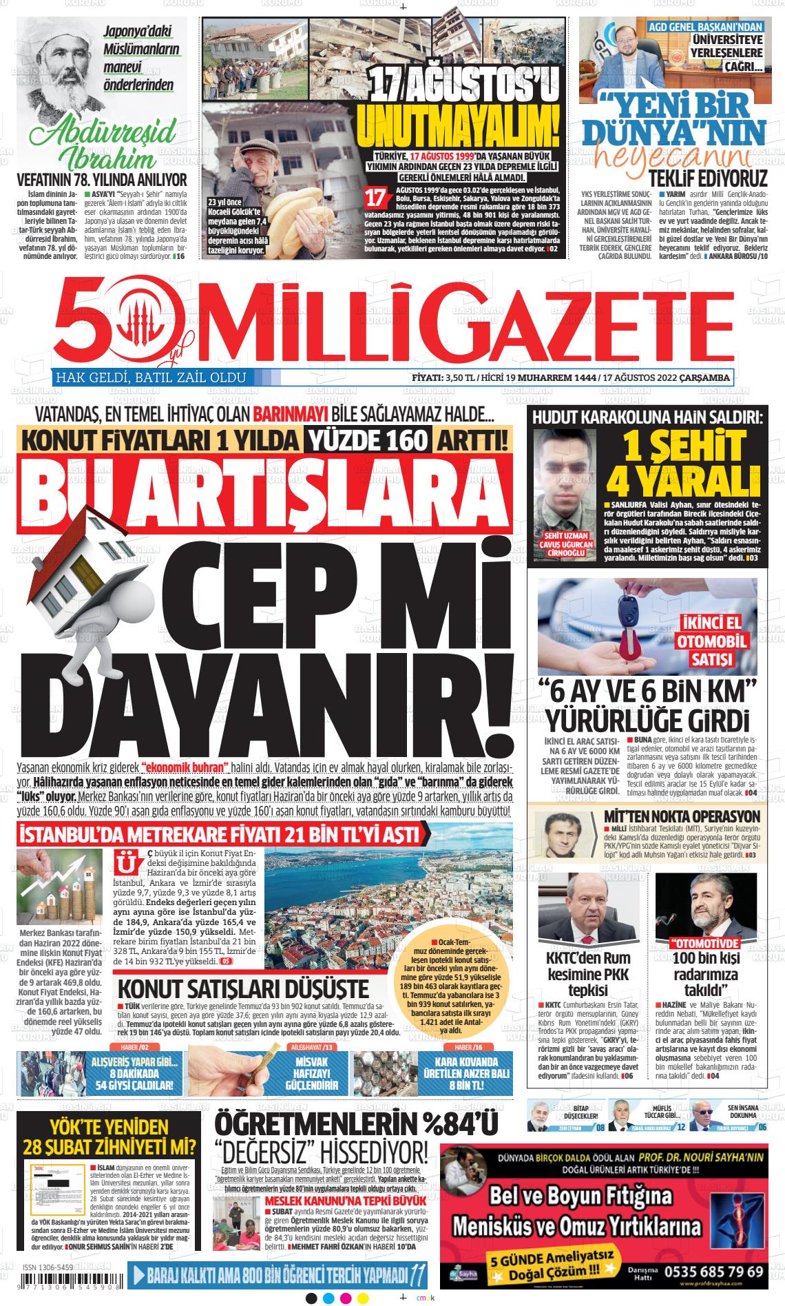 17 Ağustos 2022 Milli Gazete Gazete Manşeti