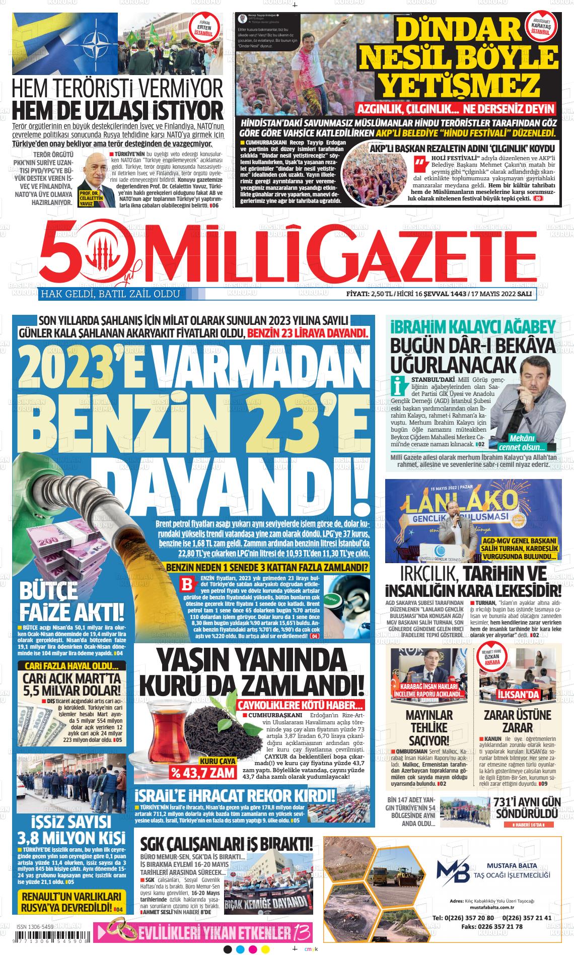 17 Mayıs 2022 Milli Gazete Gazete Manşeti