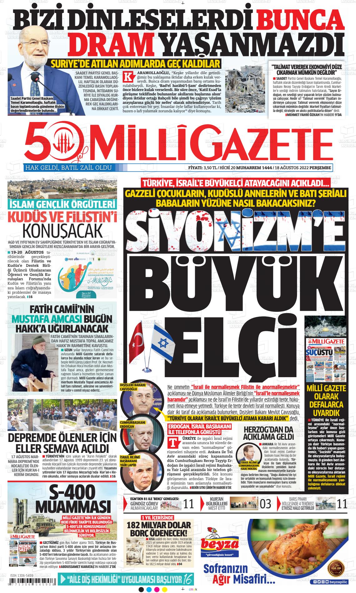 18 Ağustos 2022 Milli Gazete Gazete Manşeti