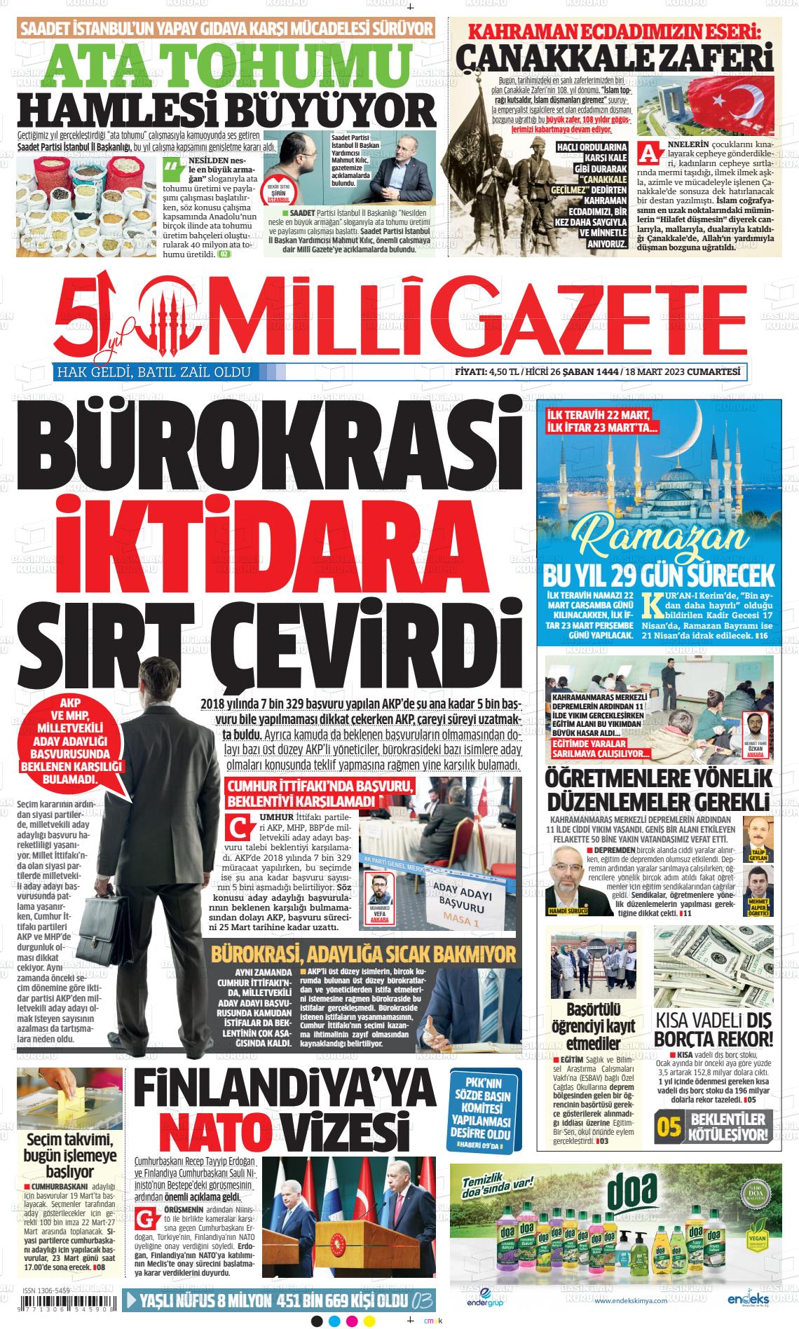 18 Mart 2023 Milli Gazete Gazete Manşeti