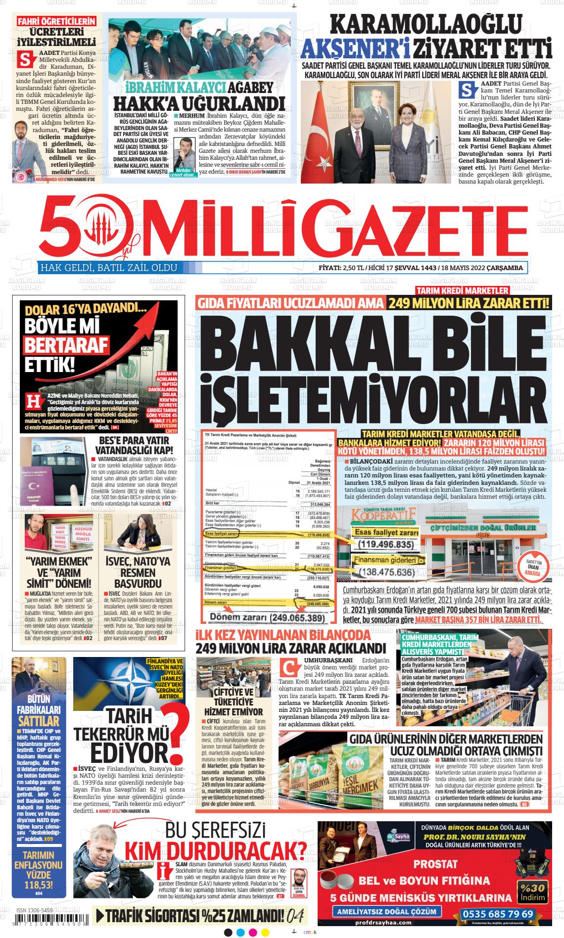 18 Mayıs 2022 Milli Gazete Gazete Manşeti