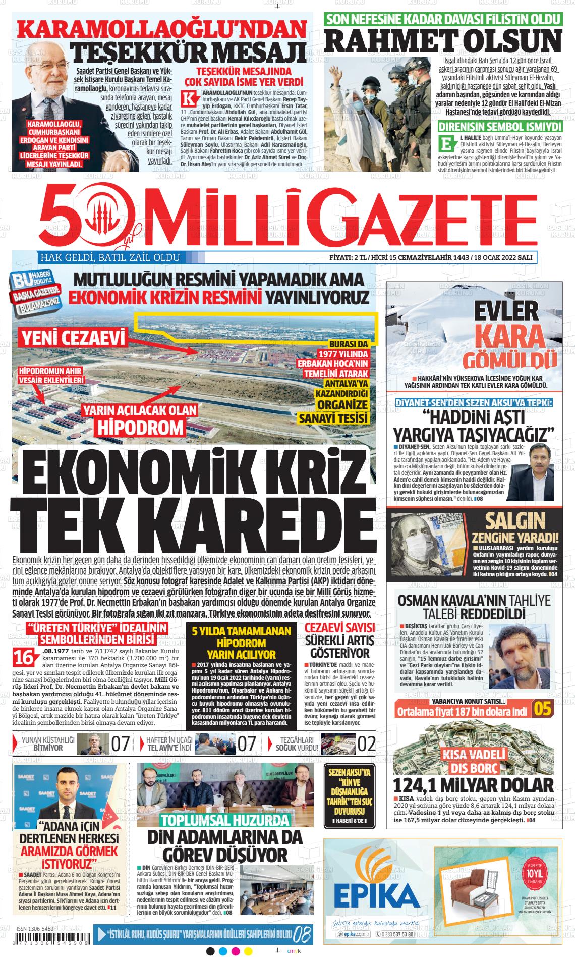 18 Ocak 2022 Milli Gazete Gazete Manşeti