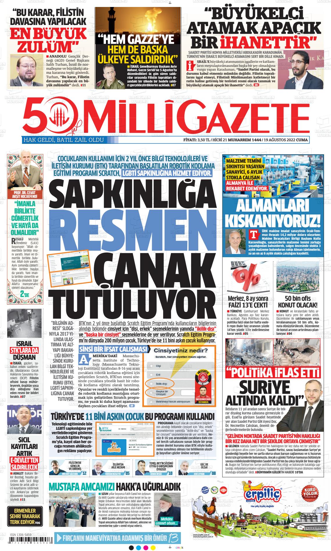 19 Ağustos 2022 Milli Gazete Gazete Manşeti