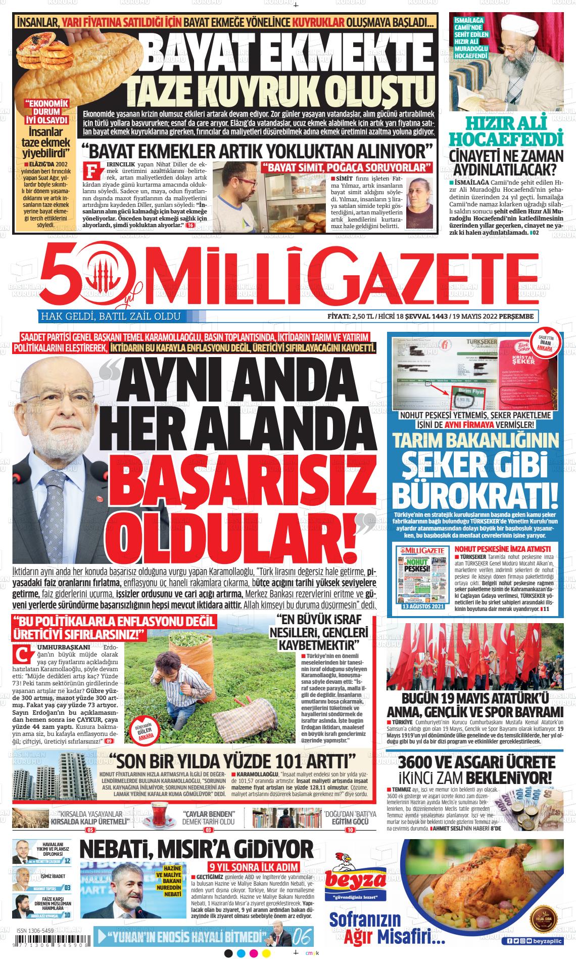 19 Mayıs 2022 Milli Gazete Gazete Manşeti