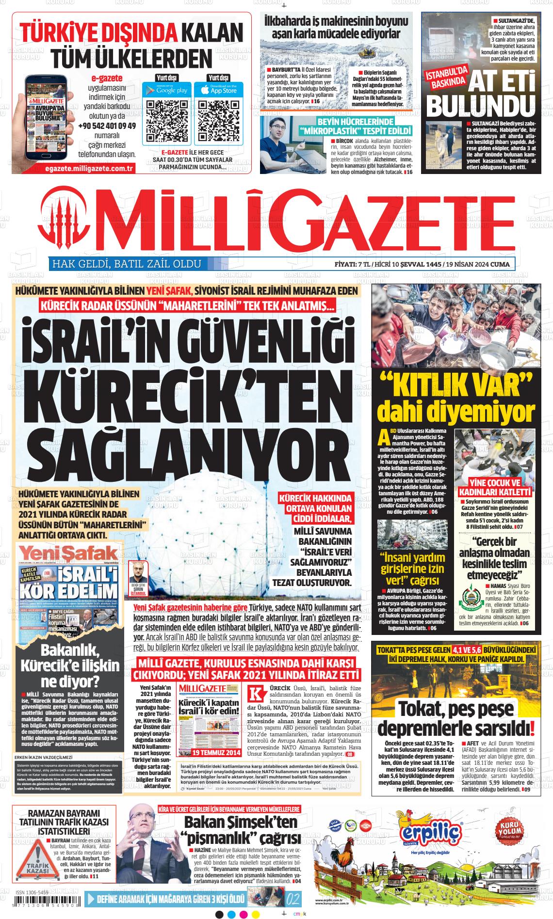 19 Nisan 2024 Milli Gazete Gazete Manşeti