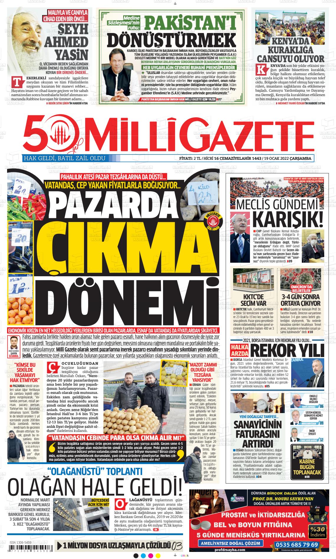 19 Ocak 2022 Milli Gazete Gazete Manşeti