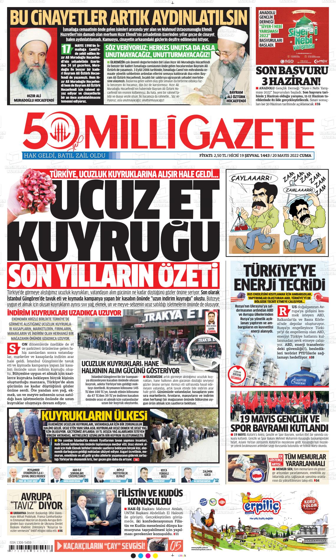 20 Mayıs 2022 Milli Gazete Gazete Manşeti