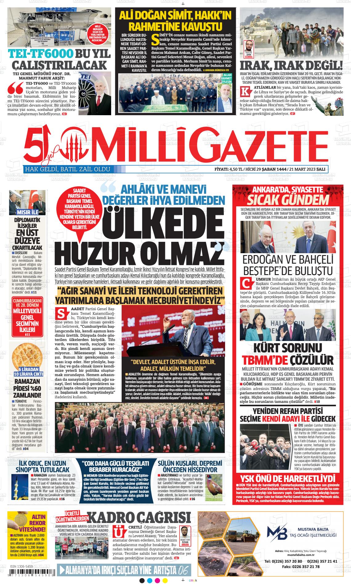 21 Mart 2023 Milli Gazete Gazete Manşeti