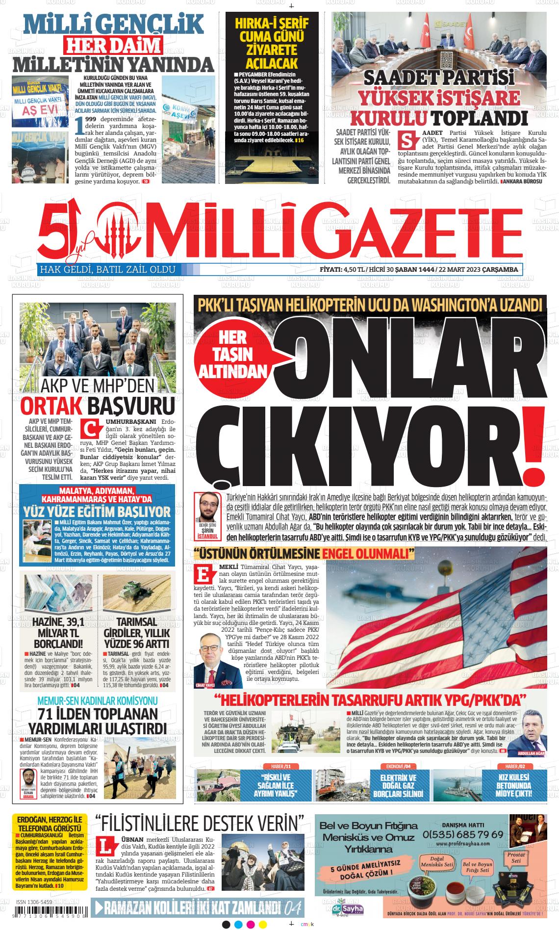 22 Mart 2023 Milli Gazete Gazete Manşeti
