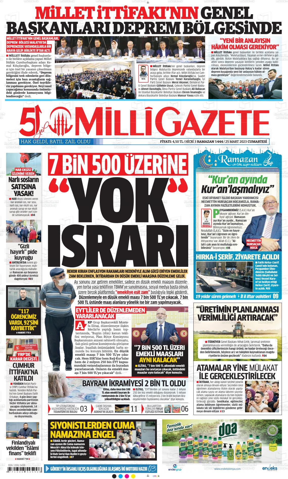 25 Mart 2023 Milli Gazete Gazete Manşeti