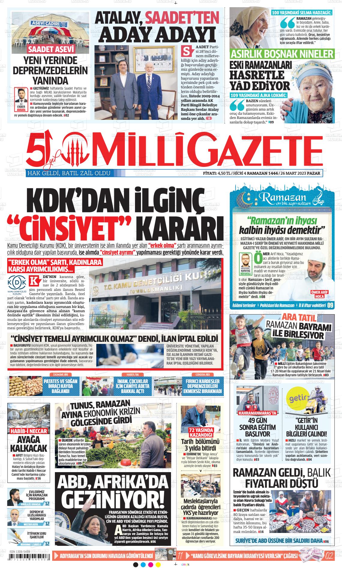 26 Mart 2023 Milli Gazete Gazete Manşeti