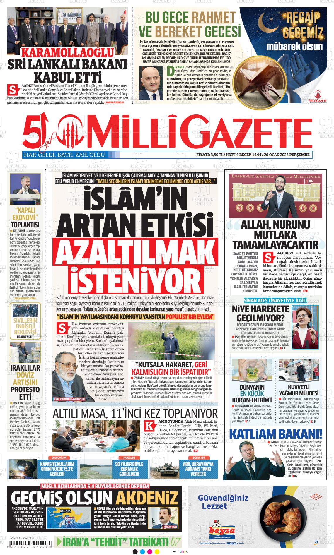 26 Ocak 2023 Milli Gazete Gazete Manşeti