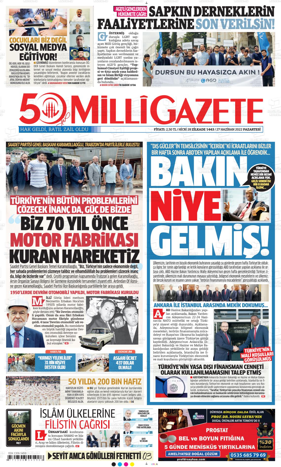 27 Haziran 2022 Milli Gazete Gazete Manşeti