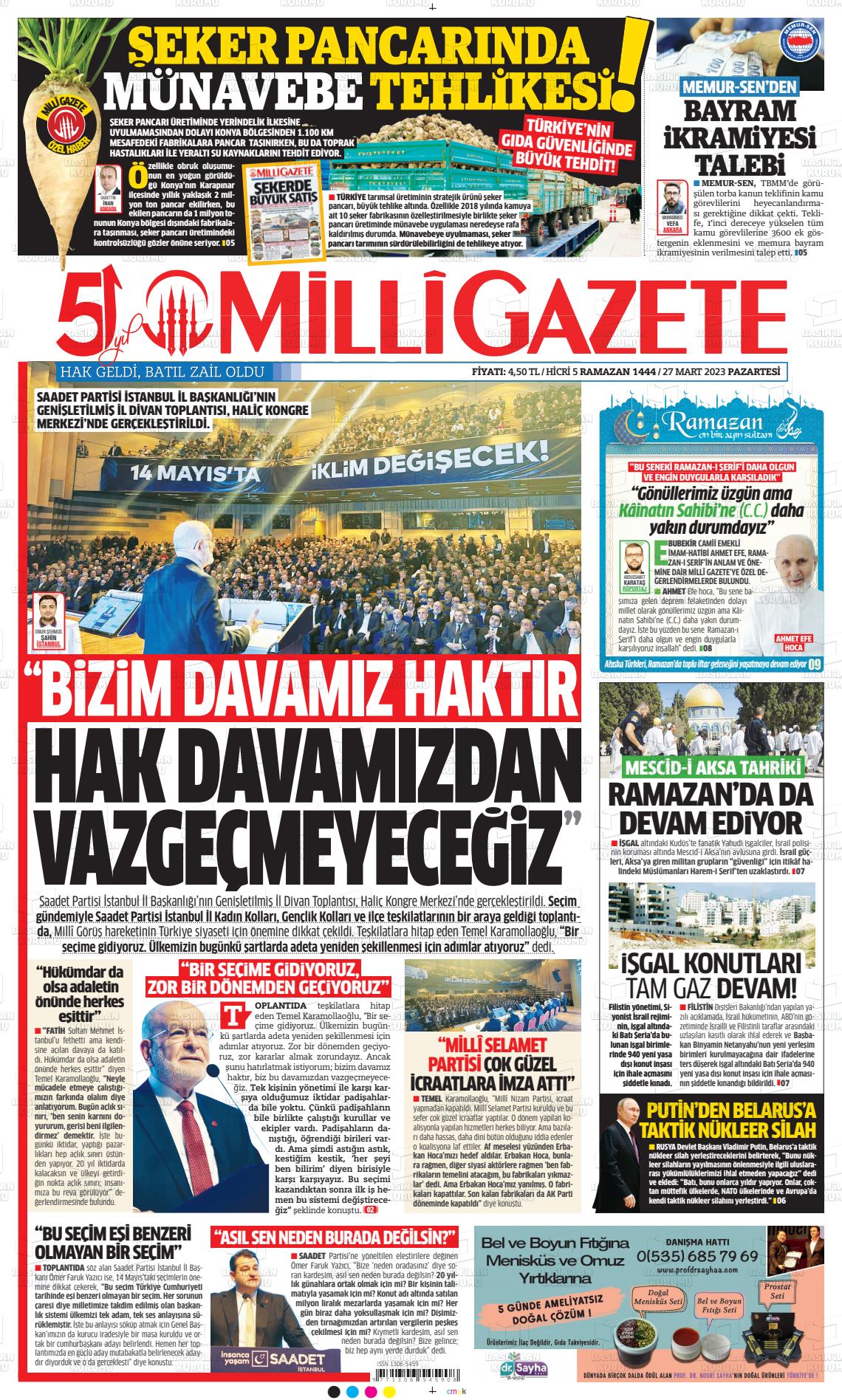 27 Mart 2023 Milli Gazete Gazete Manşeti