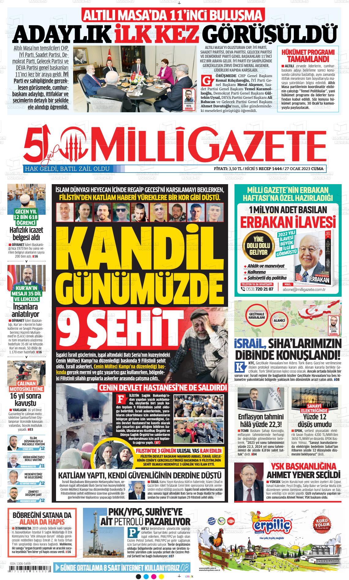 27 Ocak 2023 Milli Gazete Gazete Manşeti