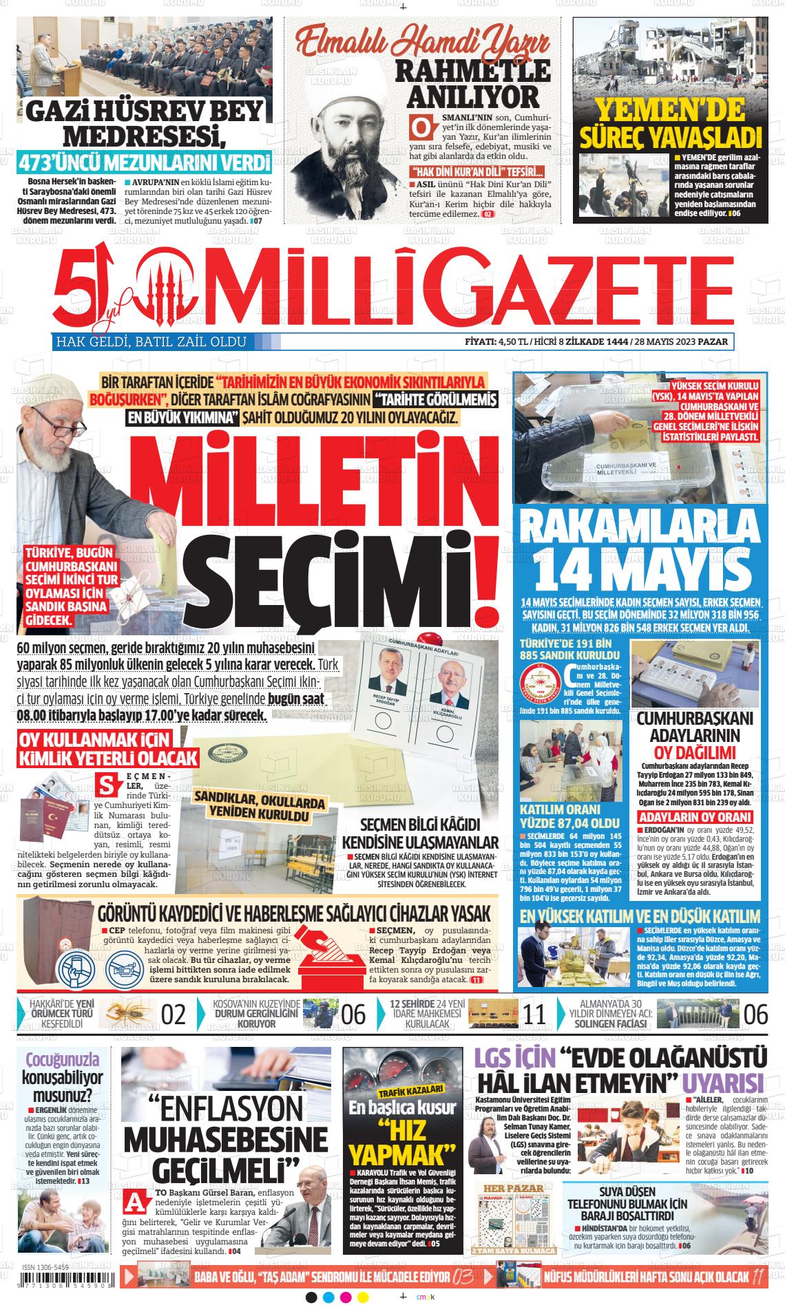 28 Mayıs 2023 Milli Gazete Gazete Manşeti