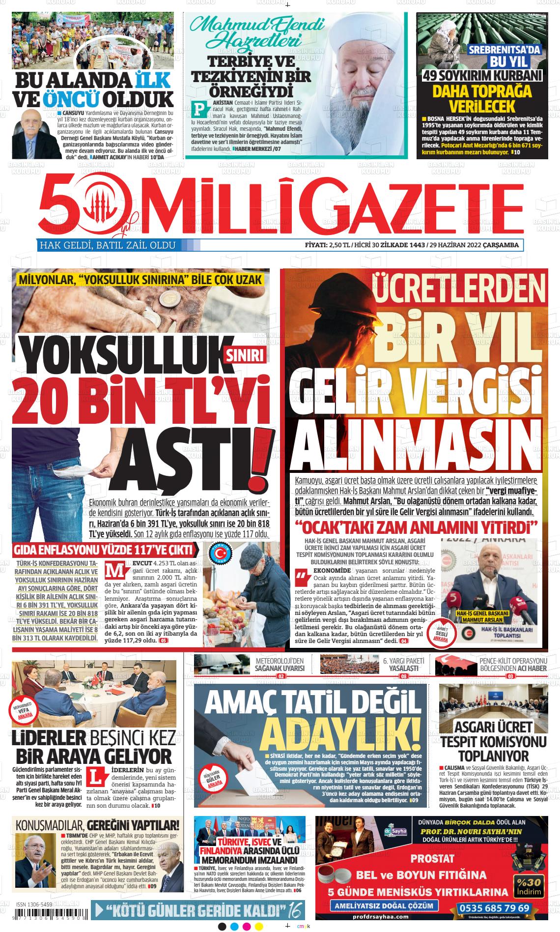 29 Haziran 2022 Milli Gazete Gazete Manşeti