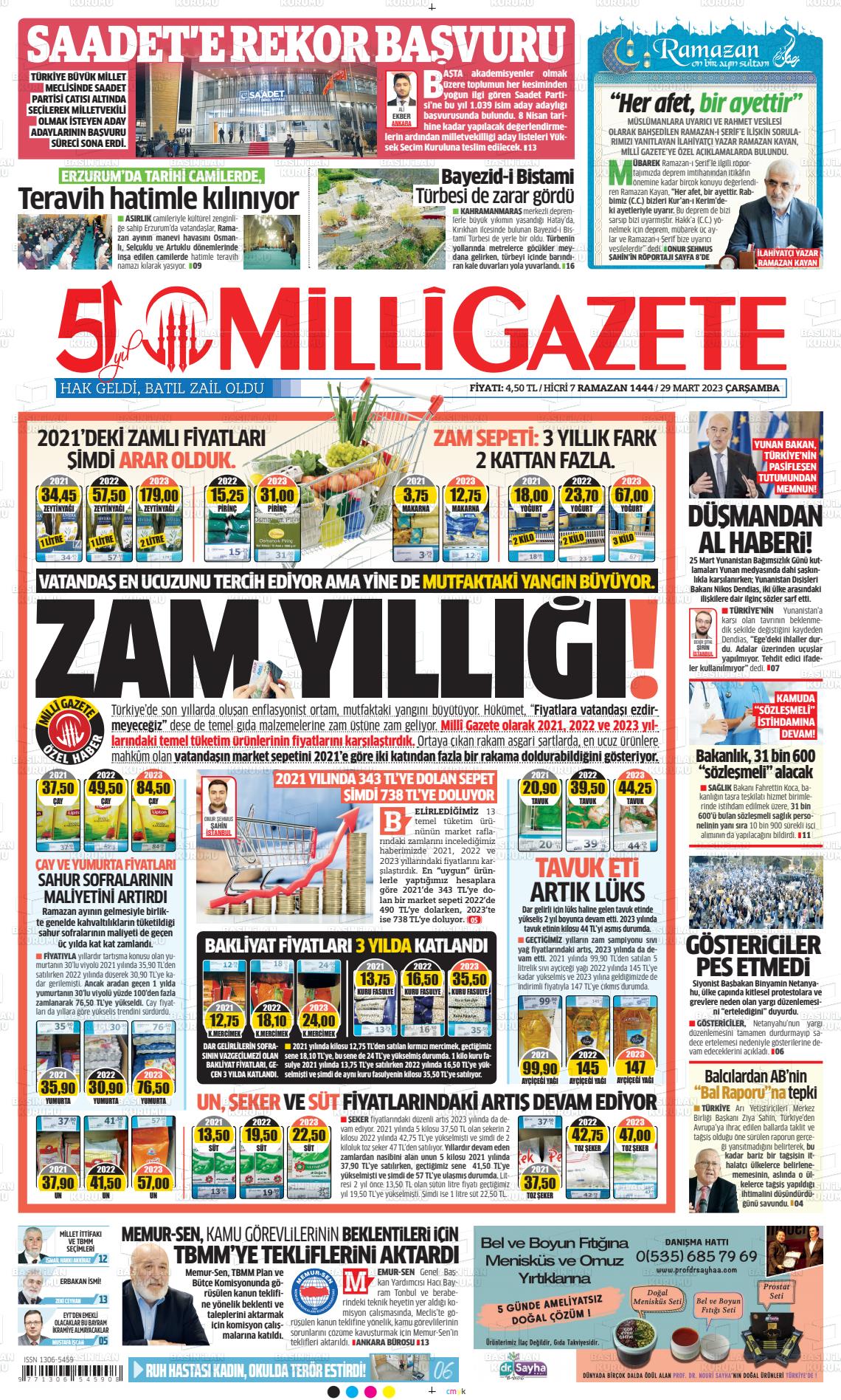 29 Mart 2023 Milli Gazete Gazete Manşeti