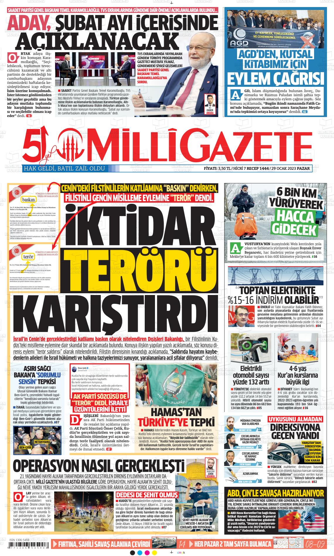 29 Ocak 2023 Milli Gazete Gazete Manşeti