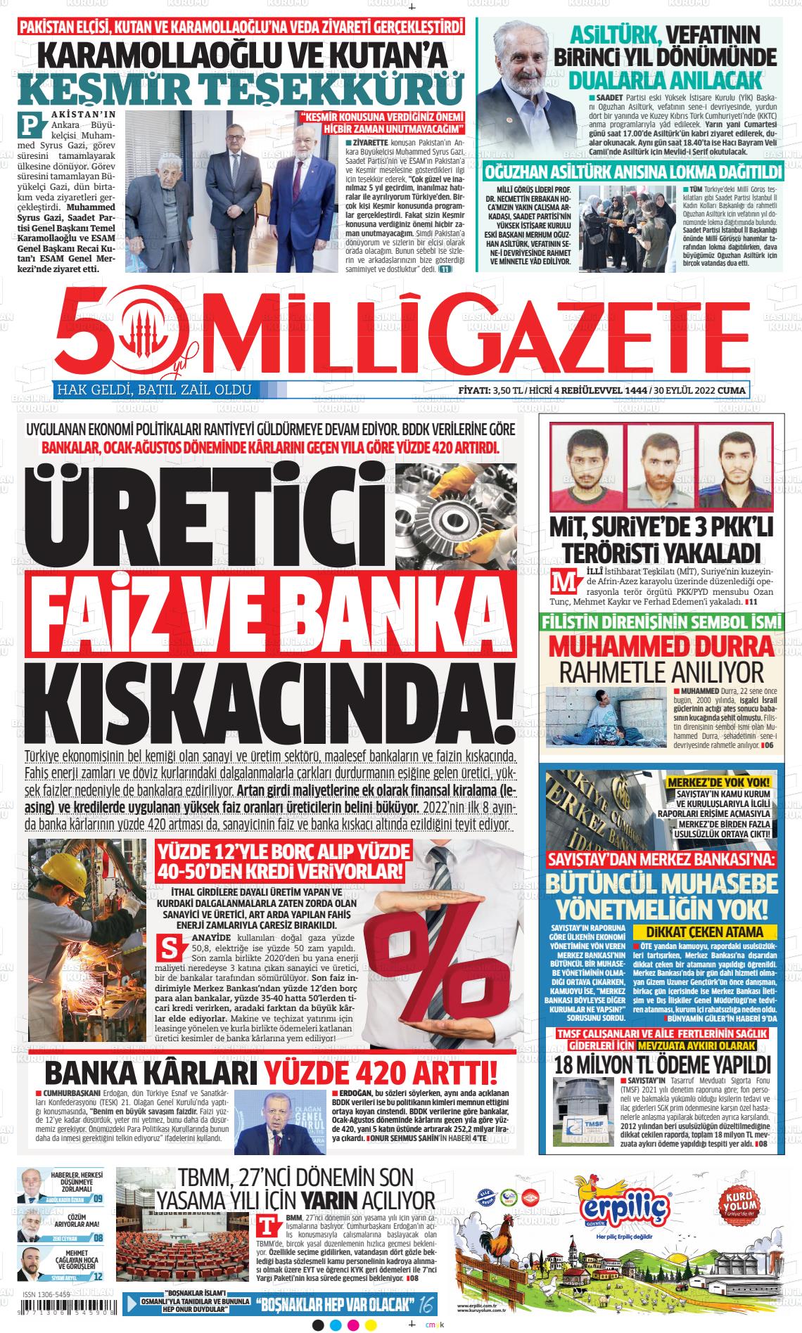 30 Eylül 2022 Milli Gazete Gazete Manşeti