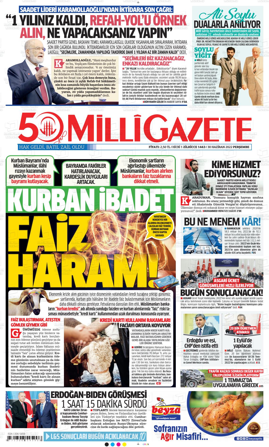 01 Temmuz 2022 Milli Gazete Gazete Manşeti