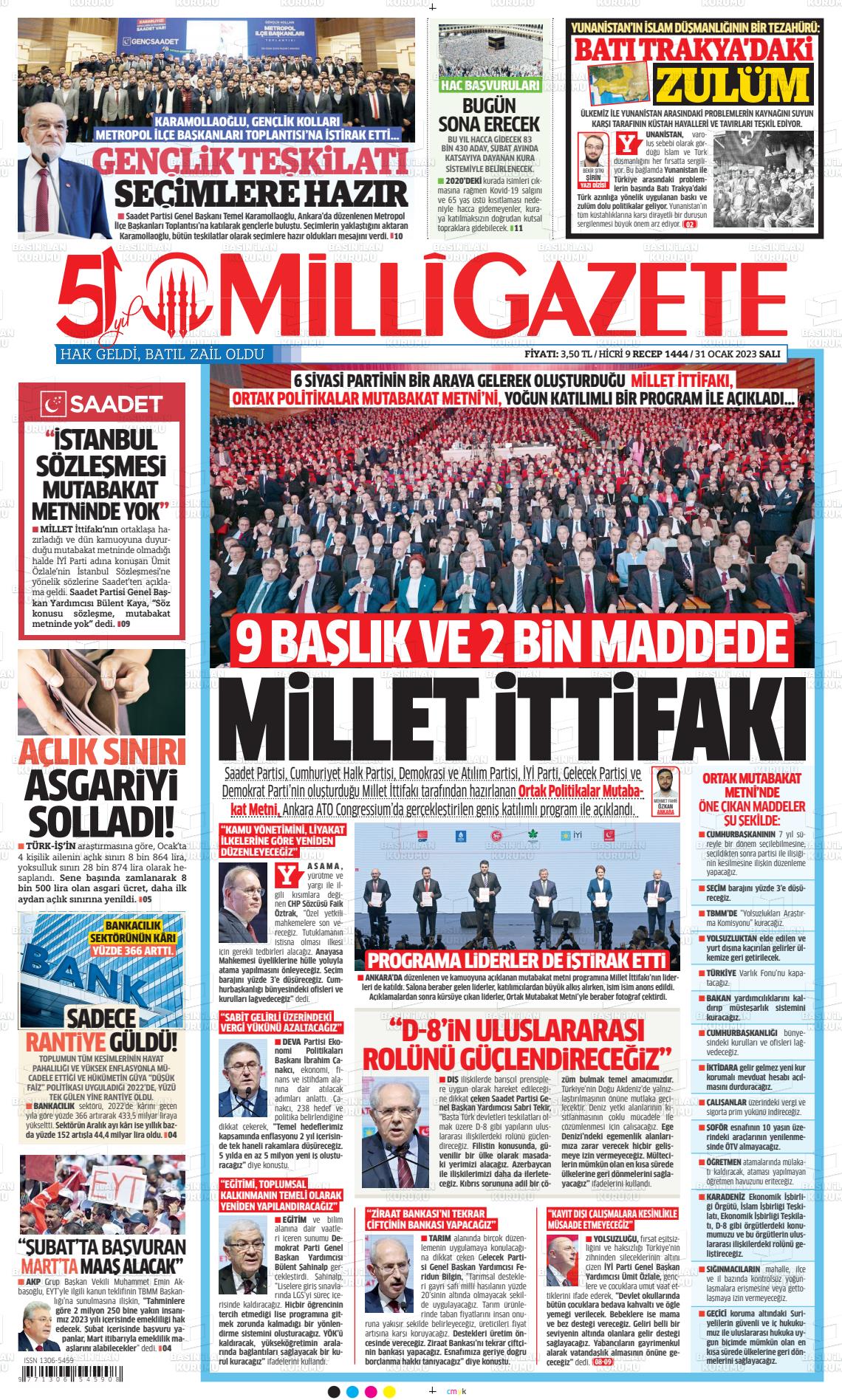 31 Ocak 2023 Milli Gazete Gazete Manşeti