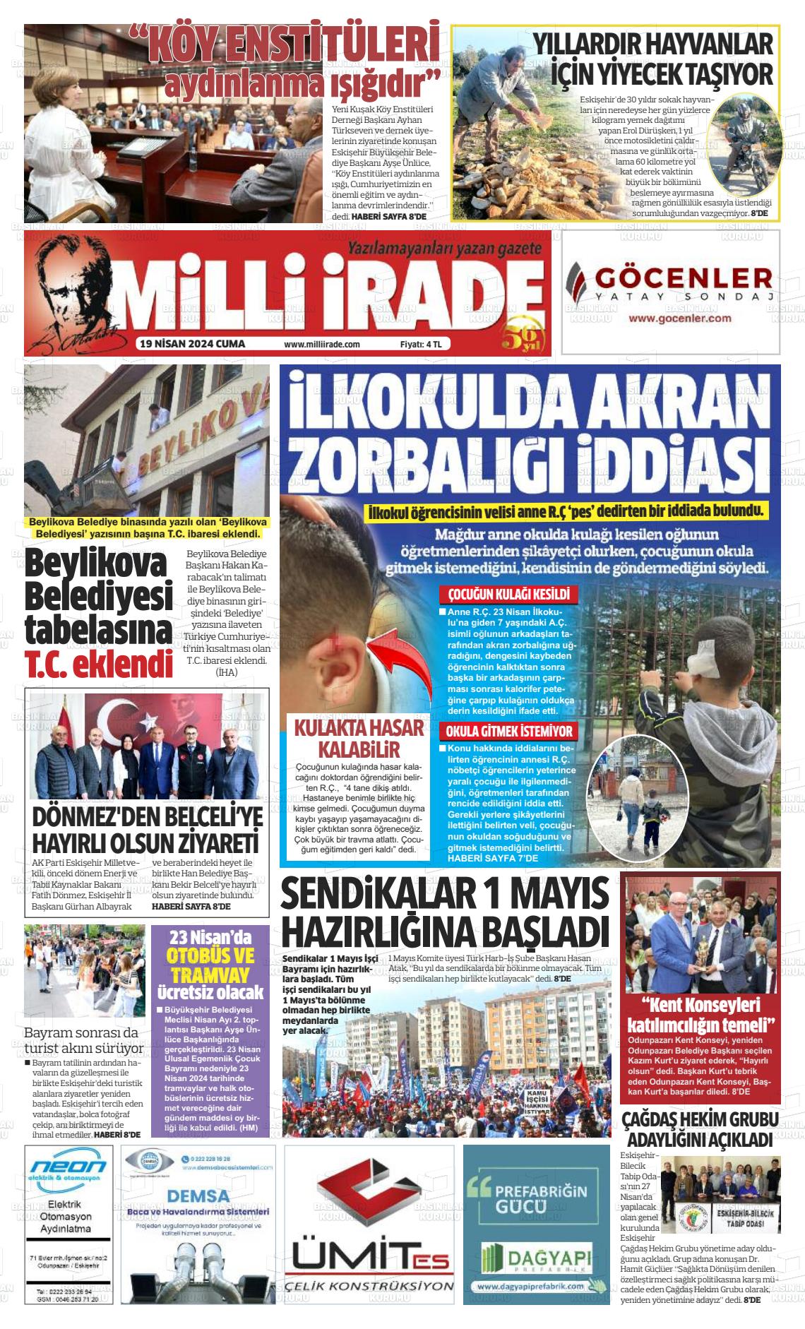 19 Nisan 2024 Milli İrade Gazete Manşeti