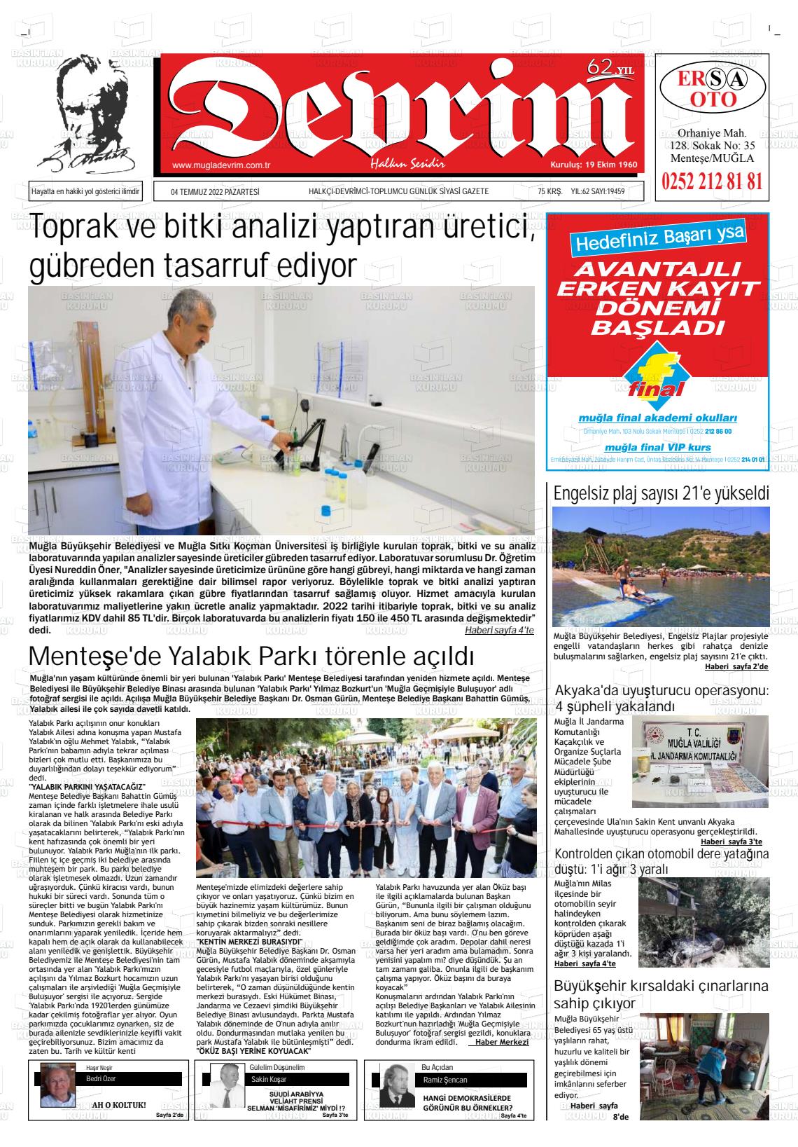 04 Temmuz 2022 Muğla Devrim Gazete Manşeti