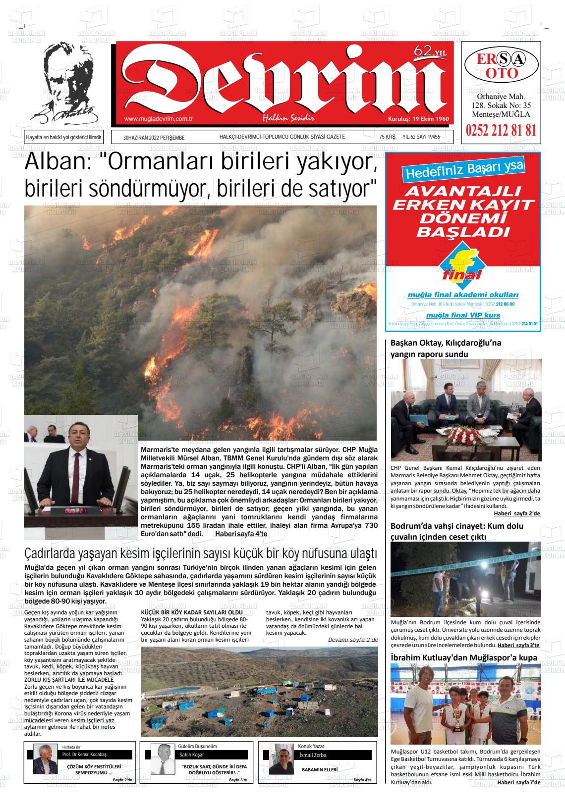 02 Temmuz 2022 Muğla Devrim Gazete Manşeti