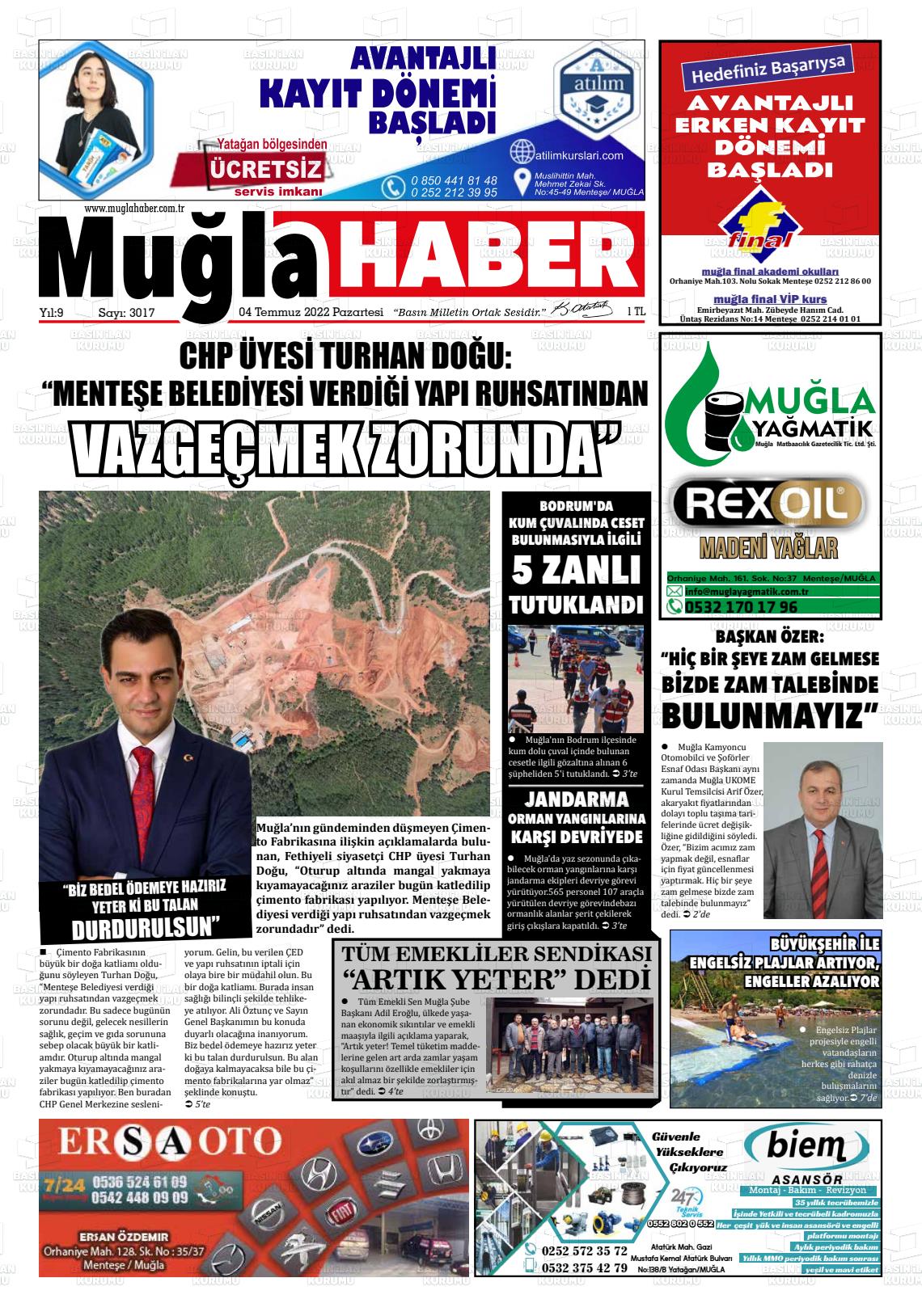 04 Temmuz 2022 Muğla Haber Gazete Manşeti