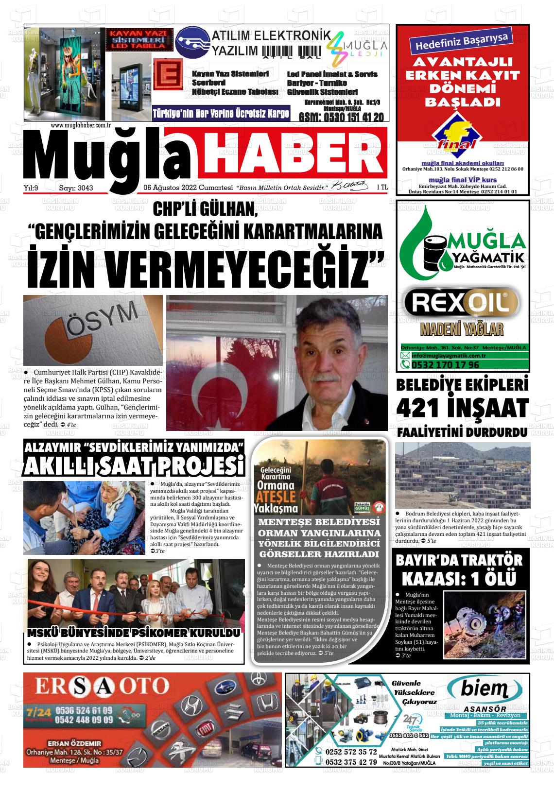 06 Ağustos 2022 Muğla Haber Gazete Manşeti