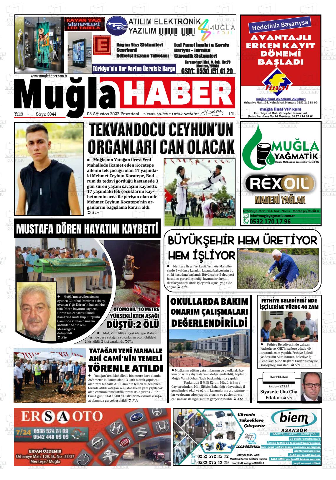 08 Ağustos 2022 Muğla Haber Gazete Manşeti