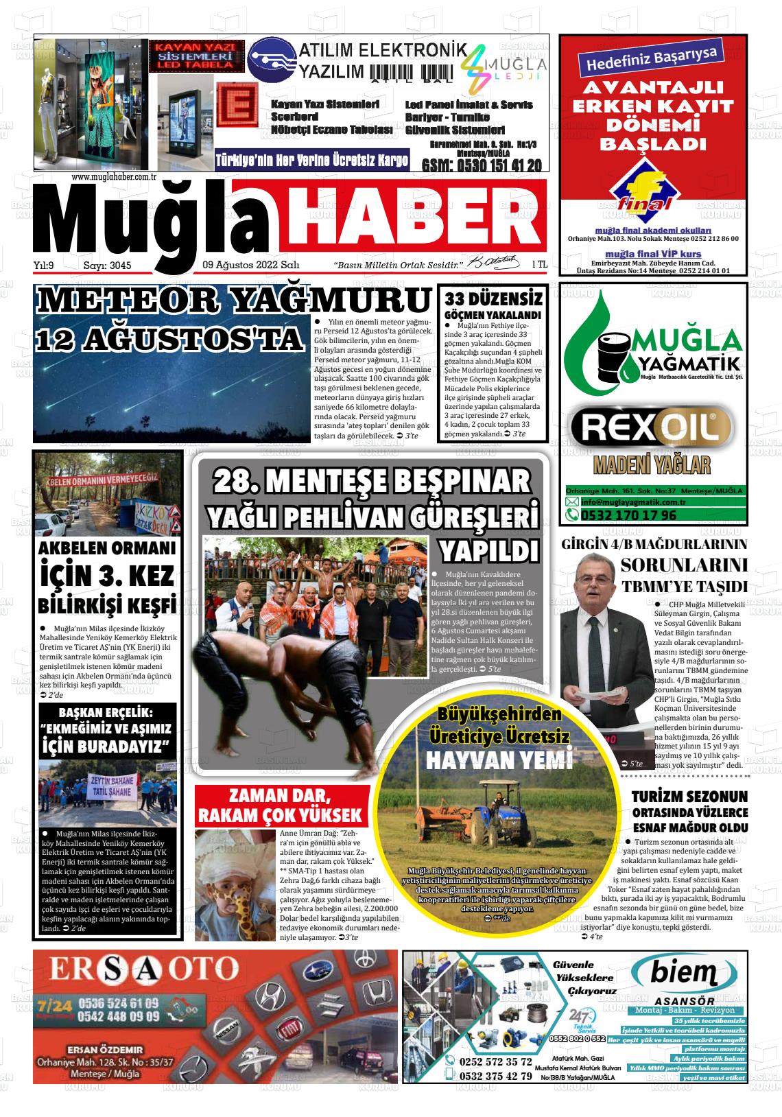 09 Ağustos 2022 Muğla Haber Gazete Manşeti