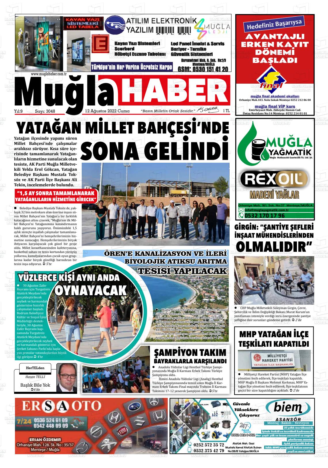 12 Ağustos 2022 Muğla Haber Gazete Manşeti