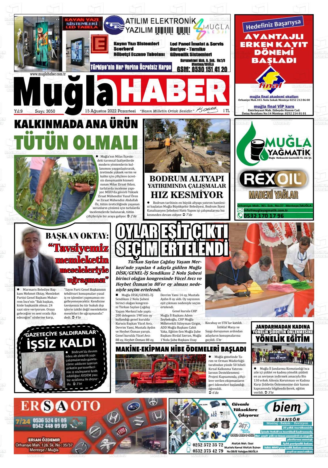 15 Ağustos 2022 Muğla Haber Gazete Manşeti