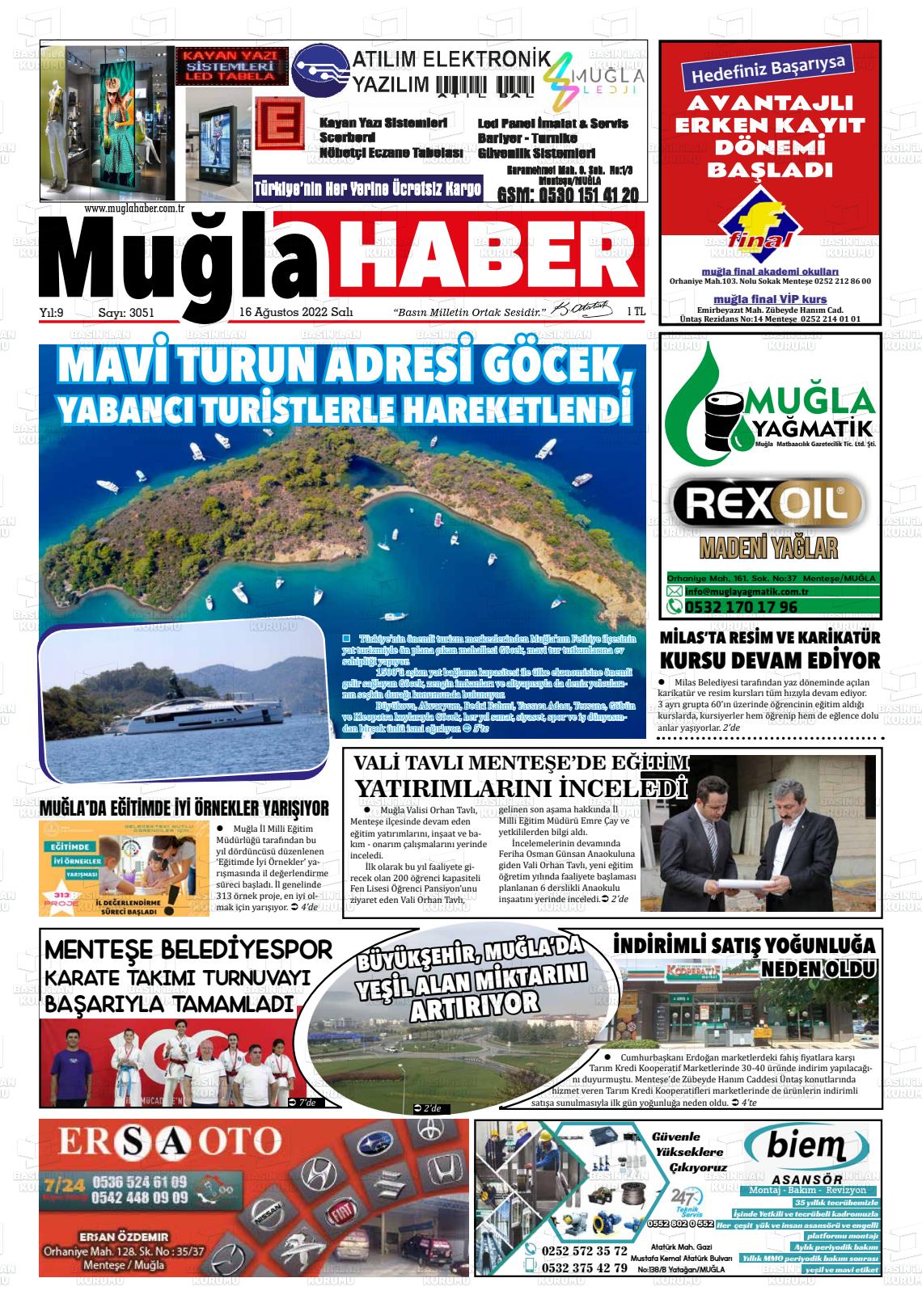 16 Ağustos 2022 Muğla Haber Gazete Manşeti