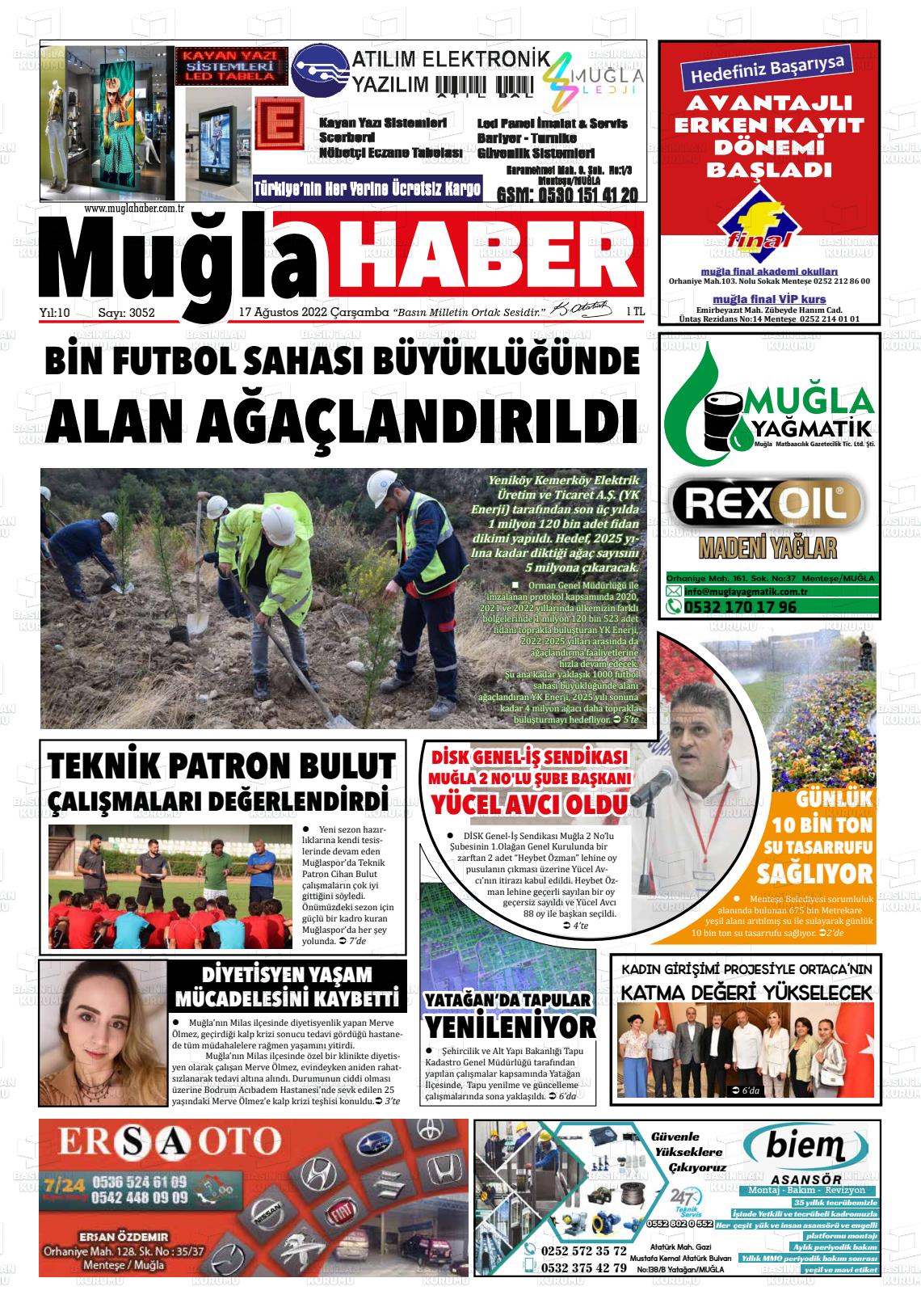 17 Ağustos 2022 Muğla Haber Gazete Manşeti