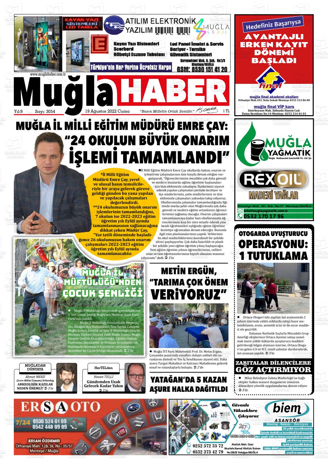 19 Ağustos 2022 Muğla Haber Gazete Manşeti